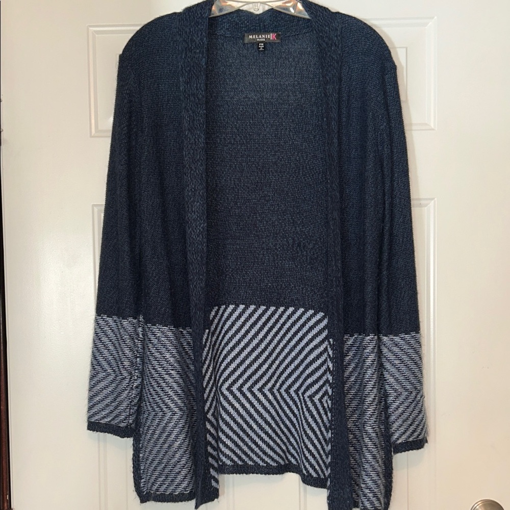 Melanie K Knit Cardigan Sweater PM Petite M Blue Two Tone Zigzag